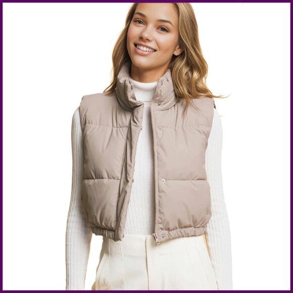 Cropped Faux Leather Puffer Vest Water Resistant Synthetic Down Fill